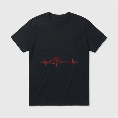 Emergency Nurse RN T-Shirt – Red caduceus flanked by ER Nurse script and a heartbeat pulse line – Classic T-Shirt in Black