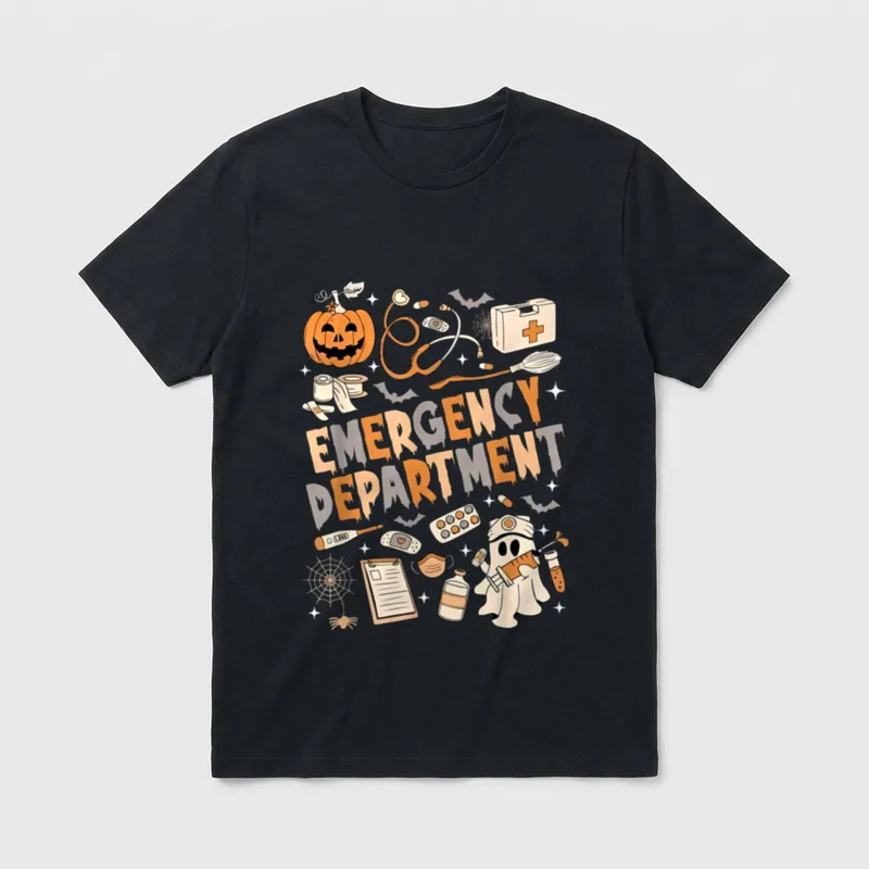 ER Nurse Emergency T-Shirt – Dripping EMERGENCY DEPARTMENT text with medical ghost and pumpkin – Classic T-Shirt in Black