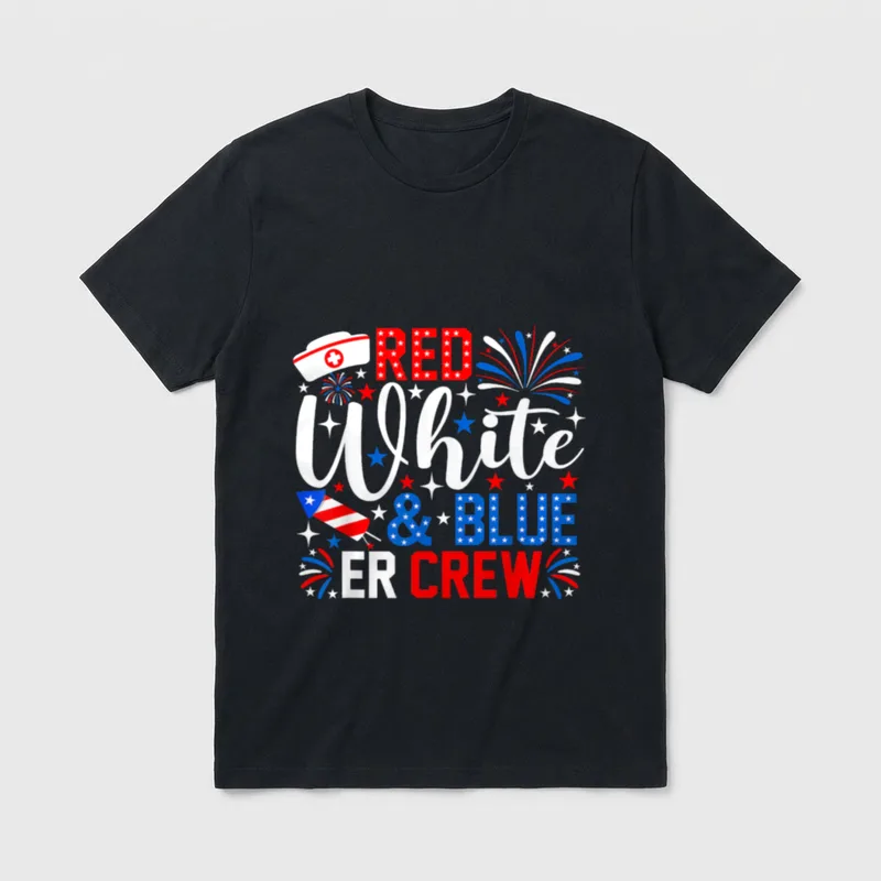 ER Crew 4th of July Red T-Shirt – Nurse cap with fireworks, rocket, and stars around ER crew text – Classic T-Shirt in Black