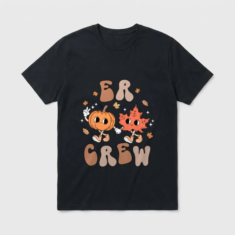 ER Crew Emergency Nurse Pumpkin Fall T-Shirt – ER CREW lettering with cartoon pumpkin and leaf – Classic T-Shirt in Black