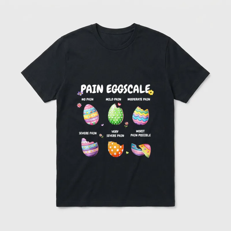 Eggs Pain Scale Easter Day Nurse T-Shirt – PAIN EGGSCALE chart with six cracked Easter eggs – Classic T-Shirt in Black