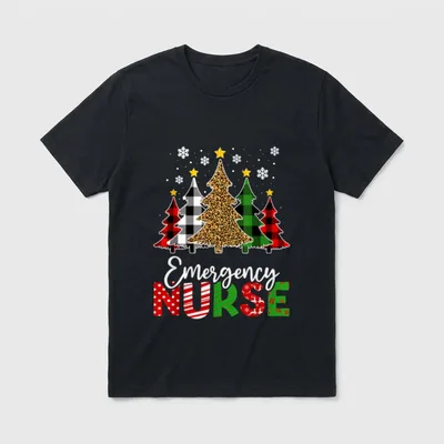 Christmas ER Nursing T-Shirt – Five patterned Christmas trees above Emergency Nurse text with snow – Classic T-Shirt in Black