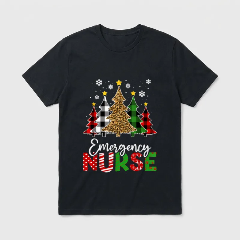 Christmas ER Nursing T-Shirt – Five patterned Christmas trees above Emergency Nurse text with snow – Classic T-Shirt in Black