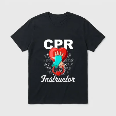 Emergency First Aid AED Certified Nurse T-Shirt – CPR Instructor lettering over a heart and hands – Classic T-Shirt in Black