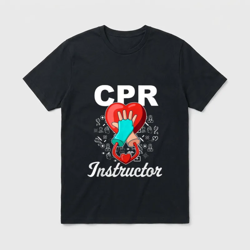 Emergency First Aid AED Certified Nurse T-Shirt – CPR Instructor lettering over a heart and hands – Classic T-Shirt in Black