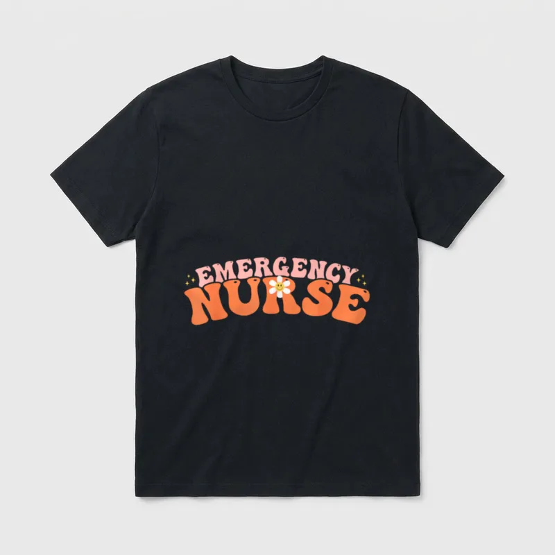 ER Nurse Emergency Room School Retro T-Shirt – “EMERGENCY NURSE” in retro lettering with a daisy – Classic T-Shirt in Black