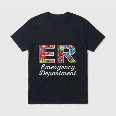Floral ER Nurse Emergency Room RN T-Shirt – Floral ER letters above cursive Emergency Department – Classic T-Shirt in Black