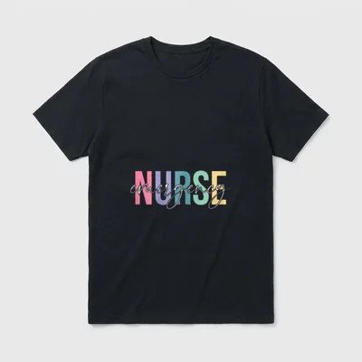 ER Nurse Emergency RN T-Shirt – Pastel letters spelling NURSE overlaid with script emergency – Classic T-Shirt in Black