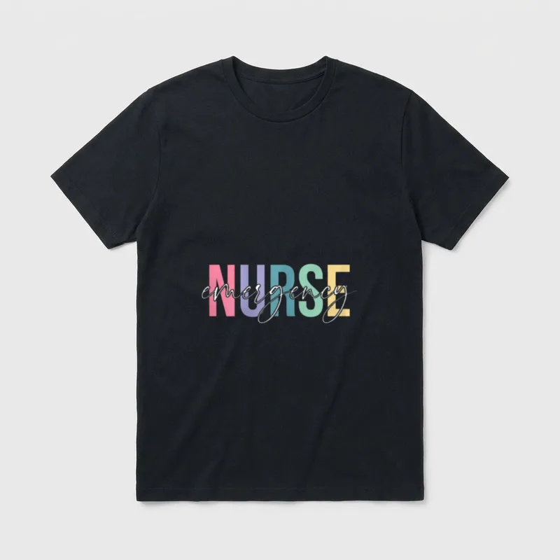 ER Nurse Emergency RN T-Shirt – Pastel letters spelling NURSE overlaid with script emergency – Classic T-Shirt in Black