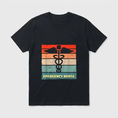 Emergency Room Nurse ER Nurses Nursing T-Shirt – EMERGENCY NURSE with caduceus on retro stripes – Classic T-Shirt in Black