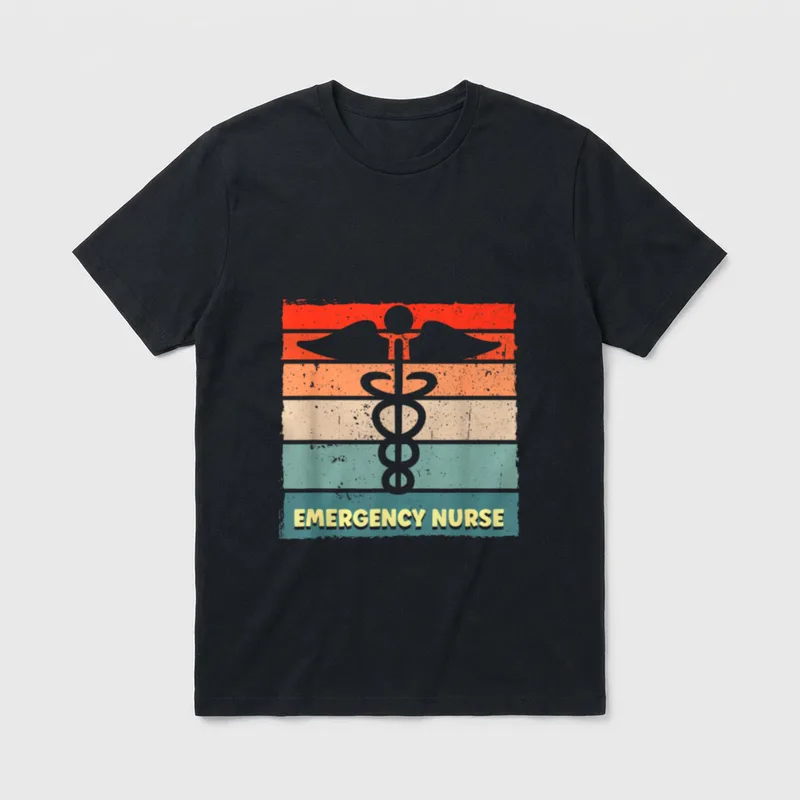 Emergency Room Nurse ER Nurses Nursing T-Shirt – EMERGENCY NURSE with caduceus on retro stripes – Classic T-Shirt in Black