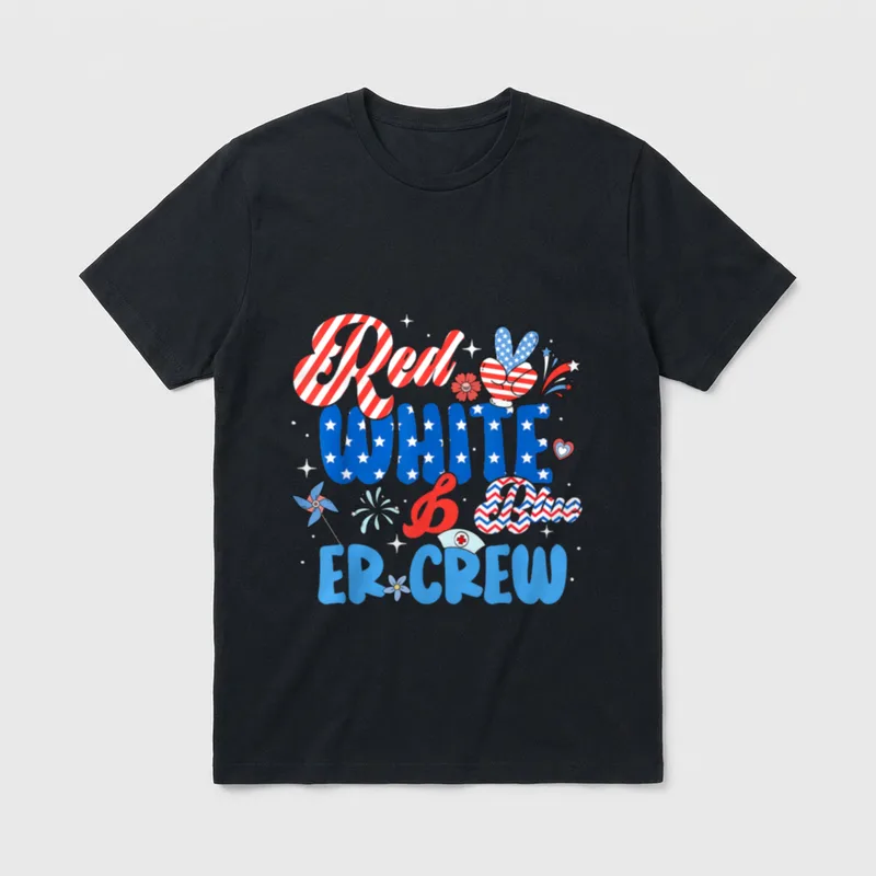 Red White Blue ER ED Nurse T-Shirt – Red WHITE & Blue ER CREW graphic with nurse cap – Classic T-Shirt in Black