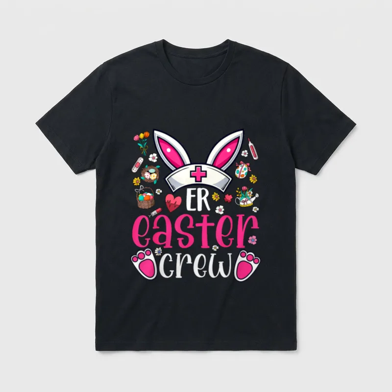 ER Easter Nurse Crew Day Bunny T-Shirt – Bunny ears in a nurse cap above ER easter crew lettering – Classic T-Shirt in Black