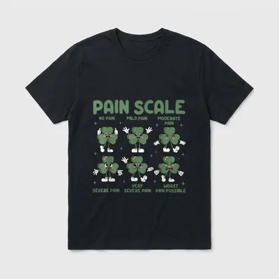 Pain Scale St Patrick's Day Nurse T-Shirt – PAIN SCALE with six expressive cartoon shamrock levels – Classic T-Shirt in Black