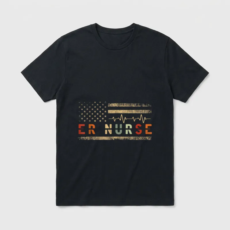 Emergency Room Nurses Classic T-Shirt – ER NURSE below distressed flag stars and an EKG lifeline – Classic T-Shirt in Black