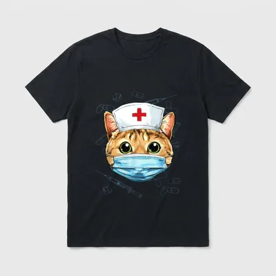 Hospital Cat ER Nurse RN LPN T-Shirt – Orange tabby cat wearing a nurse cap and blue surgical mask – Classic T-Shirt in Black
