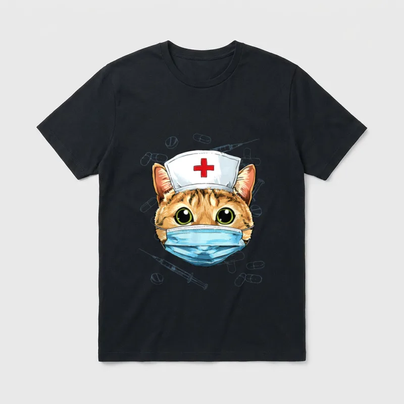Hospital Cat ER Nurse RN LPN T-Shirt – Orange tabby cat wearing a nurse cap and blue surgical mask – Classic T-Shirt in Black