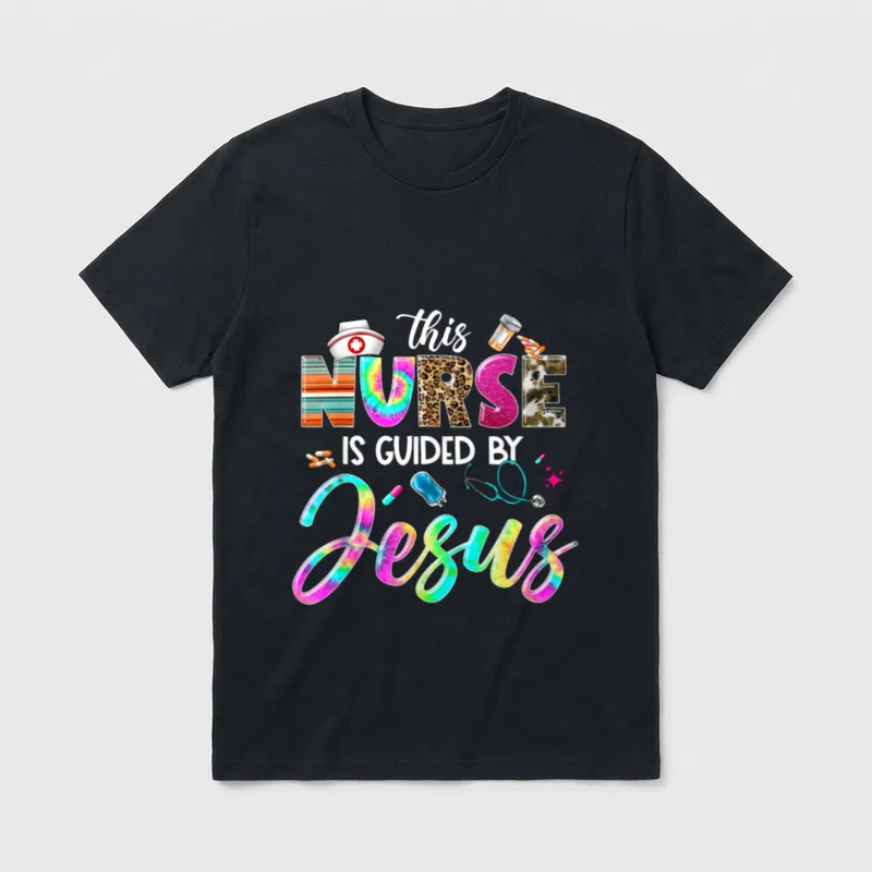 Nurse Guided by Jesus Christian Stethoscope T-Shirt – this NURSE IS GUIDED BY Jesus lettering – Classic T-Shirt in Black