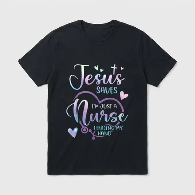 Christian Nurse Jesus T-Shirt – Glitter heart stethoscope with Jesus saves quote and cross – Classic T-Shirt in Black