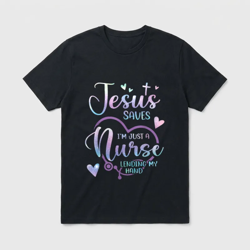 Christian Nurse Jesus T-Shirt – Glitter heart stethoscope with Jesus saves quote and cross – Classic T-Shirt in Black