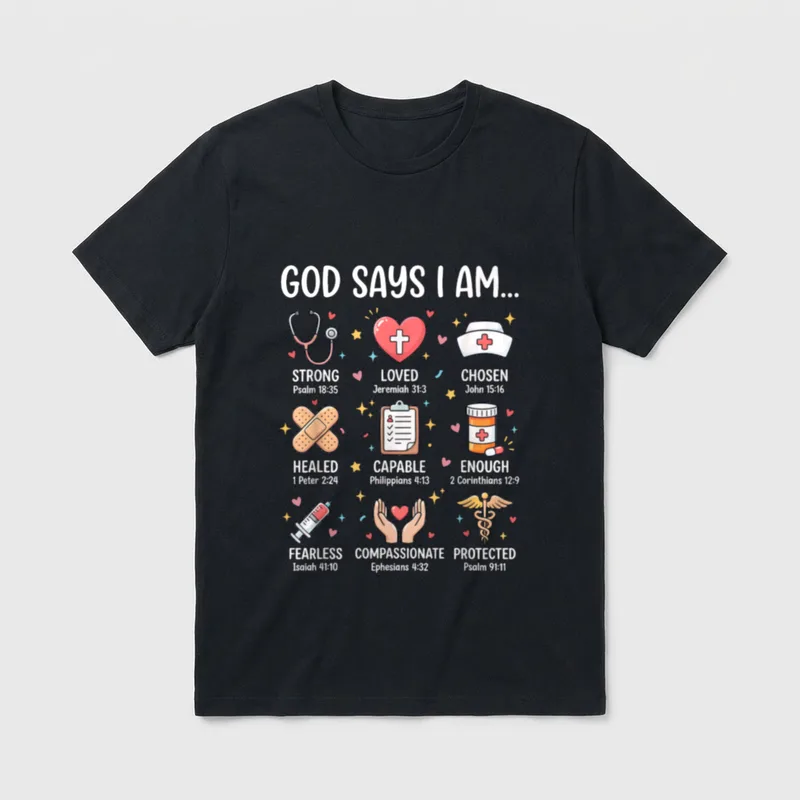 God Says I Am Bible Verses T-Shirt – GOD SAYS I AM with nine nursing icons and scripture verses – Classic T-Shirt in Black