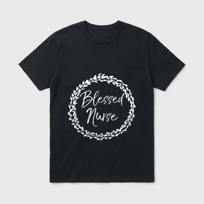 Blessed Nurse T-Shirt – Botanical wreath encircling handwritten words Blessed Nurse – Classic T-Shirt in Black