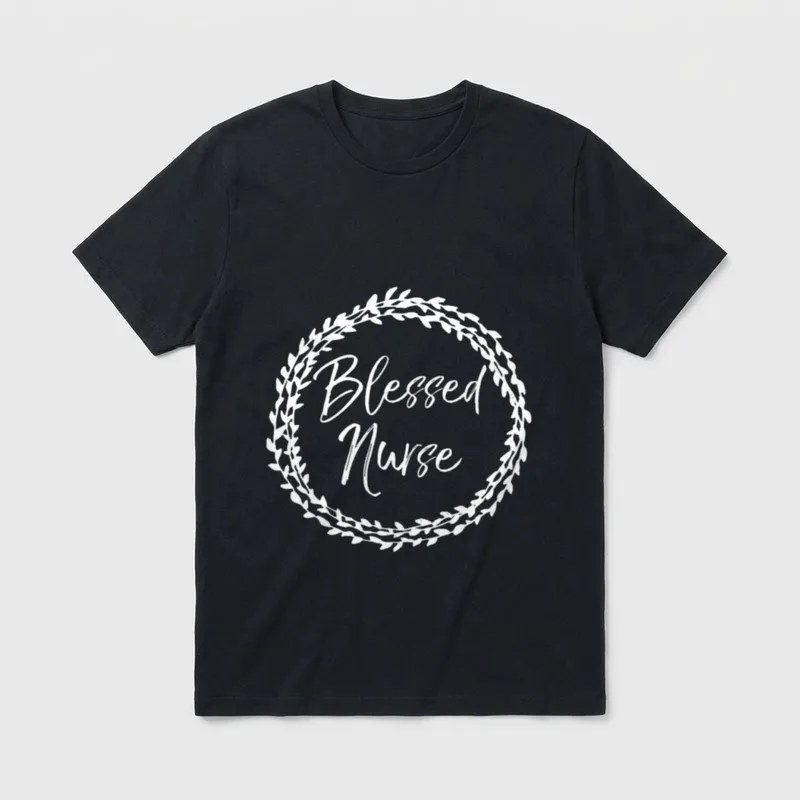 Blessed Nurse T-Shirt – Botanical wreath encircling handwritten words Blessed Nurse – Classic T-Shirt in Black