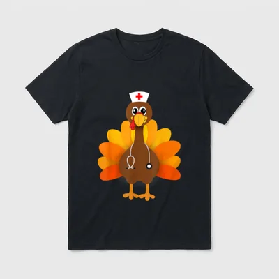 Thanksgiving Nurse Shirt – Cartoon turkey wearing a white nurse cap and a stethoscope – Classic T-Shirt in Black