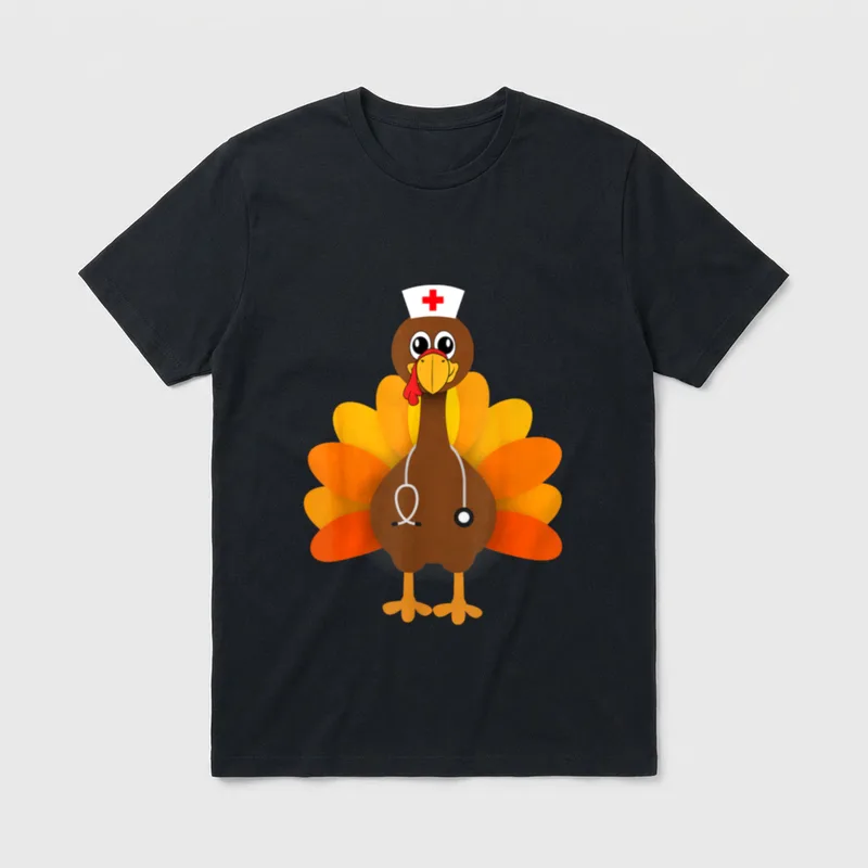 Thanksgiving Nurse Shirt – Cartoon turkey wearing a white nurse cap and a stethoscope – Classic T-Shirt in Black