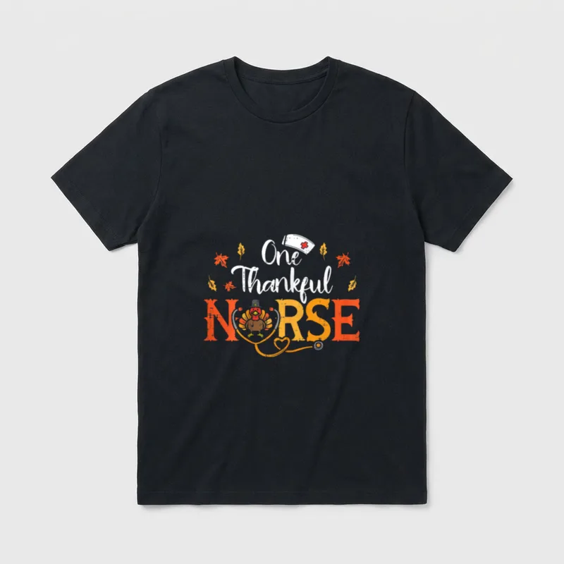 Fall Nurse Shirt – One Thankful Nurse lettering with turkey and stethoscope – Classic T-Shirt in Black