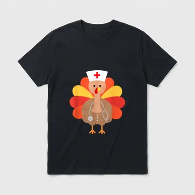 Thanksgiving Funny Turkey T-Shirt – Cartoon turkey wearing a white nurse cap and a stethoscope – Classic T-Shirt in Black