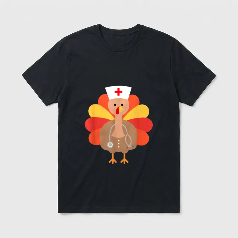 Thanksgiving Funny Turkey T-Shirt – Cartoon turkey wearing a white nurse cap and a stethoscope – Classic T-Shirt in Black