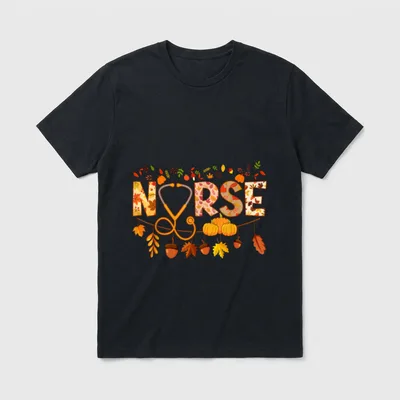 Nursing Thanksgiving Shirt – Printed word NURSE in autumn leaves with a stethoscope loop – Classic T-Shirt in Black