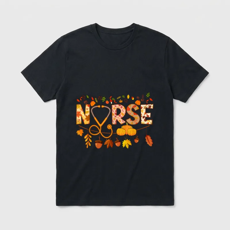 Nursing Thanksgiving Shirt – Printed word NURSE in autumn leaves with a stethoscope loop – Classic T-Shirt in Black