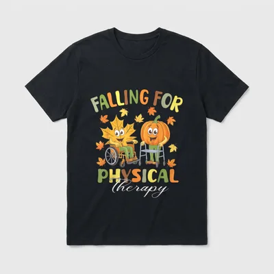I Fall in Love with Physiotherapy T-Shirt – Autumn leaf in a wheelchair and pumpkin on a walker – Classic T-Shirt in Black