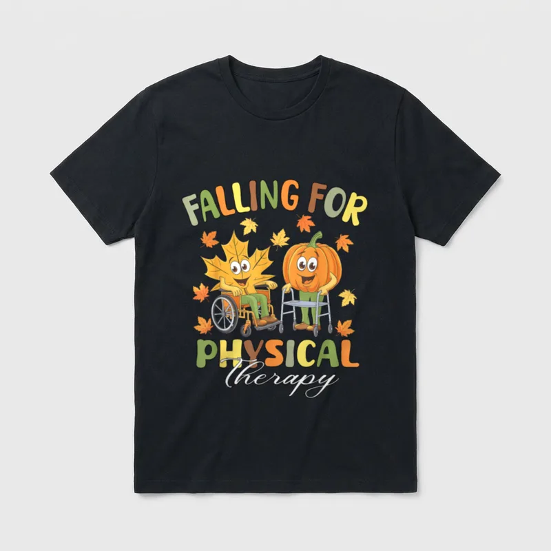 I Fall in Love with Physiotherapy T-Shirt – Autumn leaf in a wheelchair and pumpkin on a walker – Classic T-Shirt in Black
