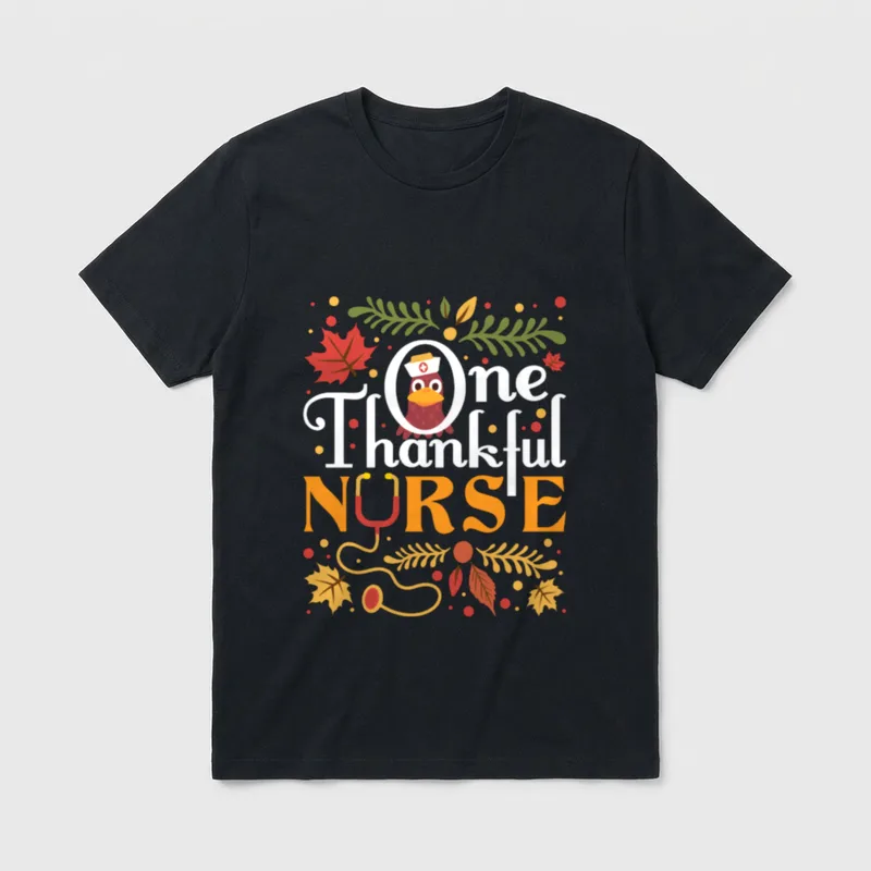 One Thankful Nurse T-Shirt – Turkey in nurse cap with stethoscope and autumn leaves – Classic T-Shirt in Black