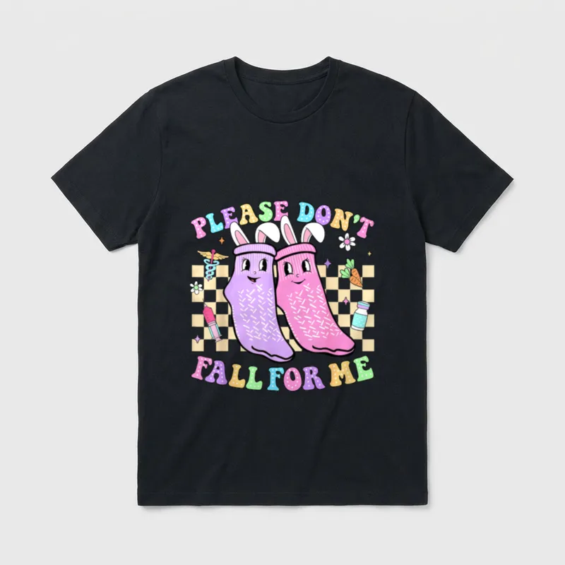 Fall for Me Nurse T-Shirt – “PLEASE DON’T FALL FOR ME” with hospital grip socks – Classic T-Shirt in Black