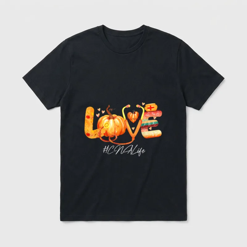 Love CNA Life Pumpkin Fall Autumn T-Shirt – Letters spelling LOVE and #CNALife with a pumpkin – Classic T-Shirt in Black