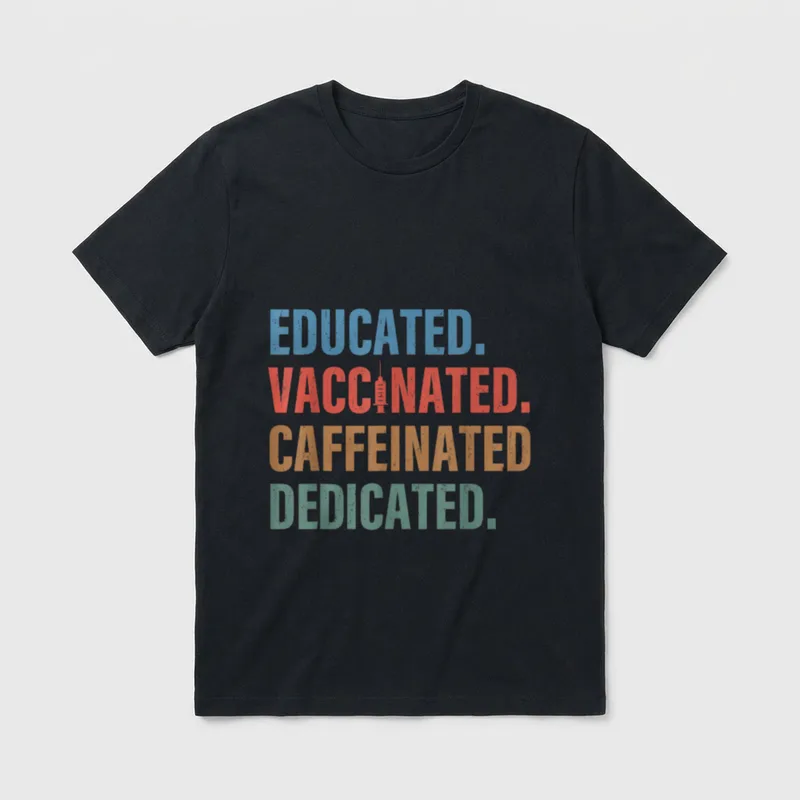 Funny Nurse Educated T-Shirt – Educated vaccinated caffeinated dedicated lettering with syringe – Classic T-Shirt in Black