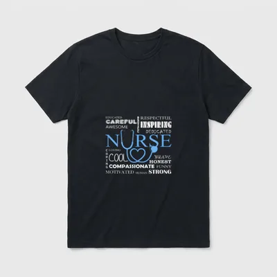 Funny Nurse Perfect T-Shirt – Stethoscope heart graphic framed by nursing trait word collage – Classic T-Shirt in Black
