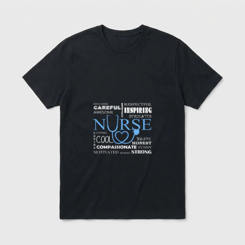 Funny Nurse Perfect T-Shirt – Stethoscope heart graphic framed by nursing trait word collage – Classic T-Shirt in Black