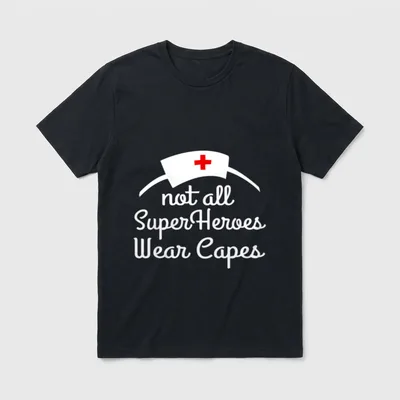 Nurse Superheroes T-Shirt – White nurse cap with red cross and scripted cape lettering – Classic T-Shirt in Black