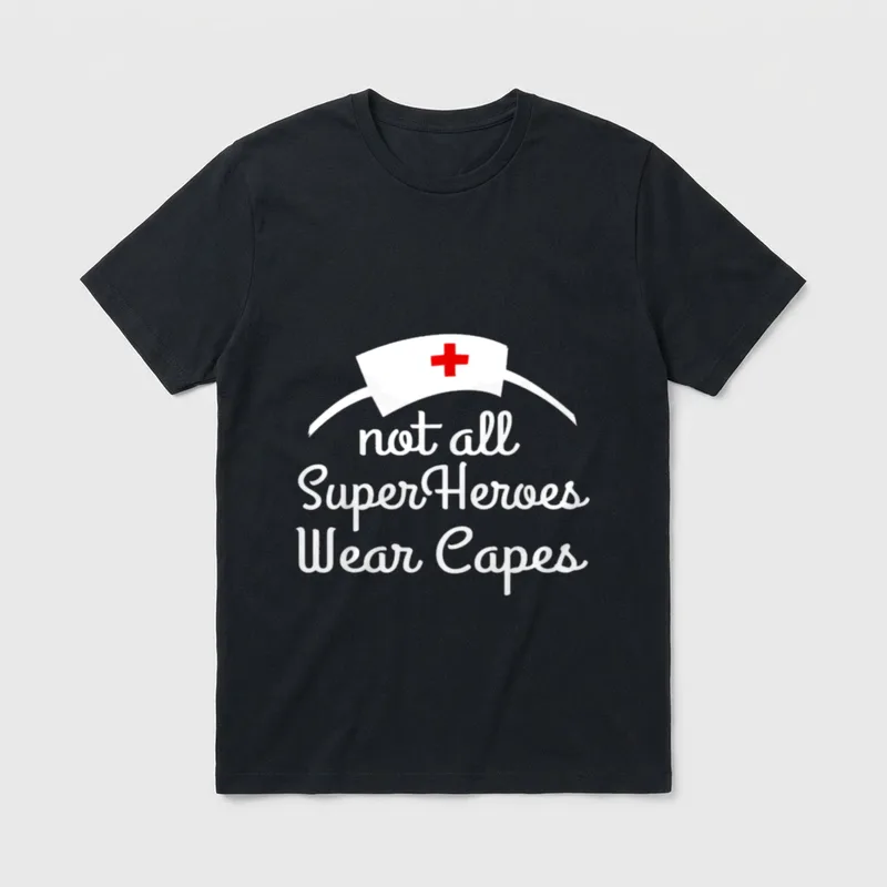 Nurse Superheroes T-Shirt – White nurse cap with red cross and scripted cape lettering – Classic T-Shirt in Black