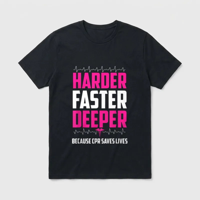 Funny Nurse Harder T-Shirt – Harder Faster Deeper Because CPR Saves Lives with caduceus emblem – Classic T-Shirt in Black