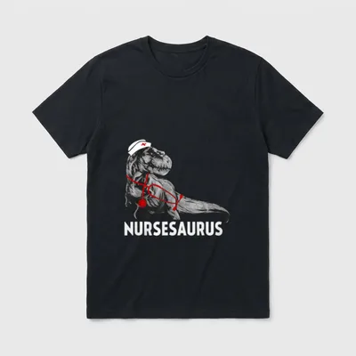 Nurse Saurus T-Shirt – Dinosaur wearing nurse cap and stethoscope with text NURSESAURUS – Classic T-Shirt in Black