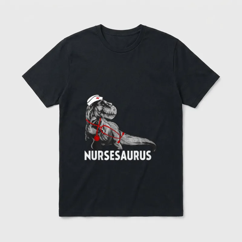 Nurse Saurus T-Shirt – Dinosaur wearing nurse cap and stethoscope with text NURSESAURUS – Classic T-Shirt in Black