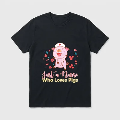 Just a Nurse Who Loves Pigs T-Shirt – Smiling piglet in a nurse hat with a stethoscope and flowers – Classic T-Shirt in Black