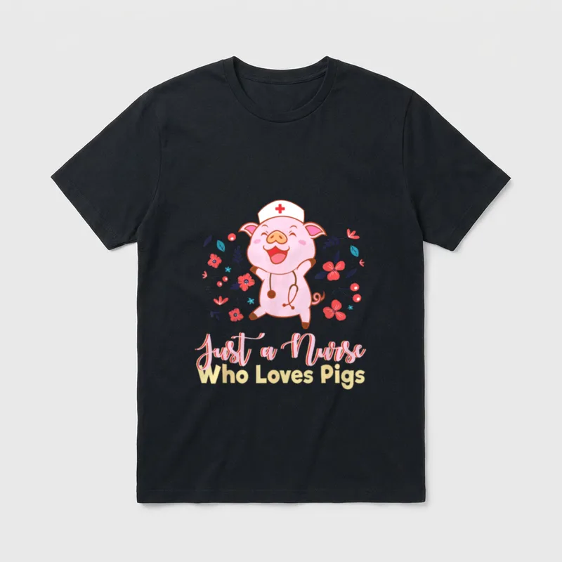 Just a Nurse Who Loves Pigs T-Shirt – Smiling piglet in a nurse hat with a stethoscope and flowers – Classic T-Shirt in Black