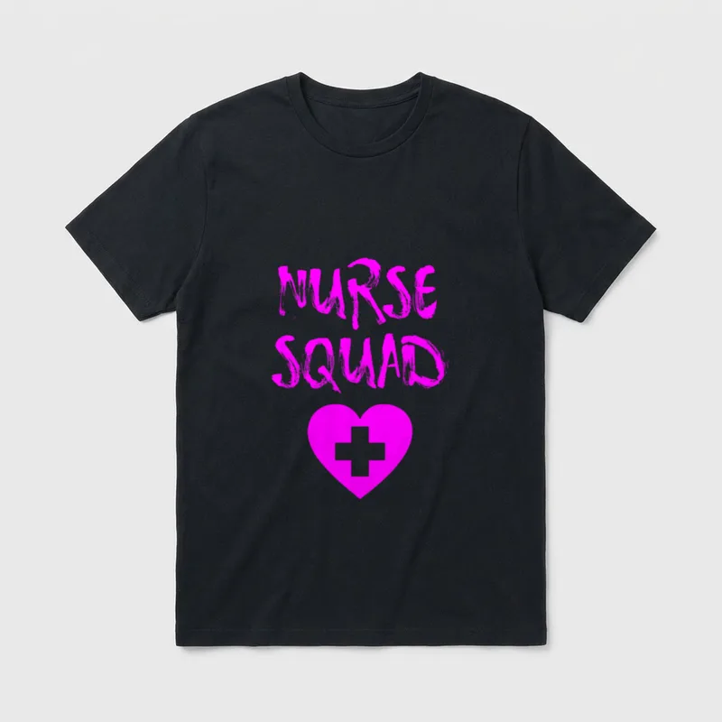 Nurse Funny Squad T-Shirt – Pink NURSE SQUAD lettering over a heart with a medical cross – Classic T-Shirt in Black